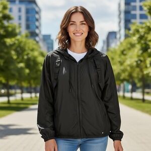 Layer 8 Jacket Womens Large Black Hooded Windbreaker‎ Full Zip Lightweight Coat